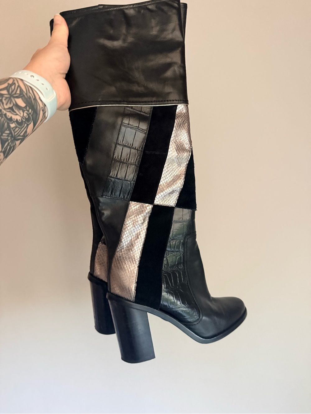 Women's Black Patchwork High-Heel Boots with Metallic Accent